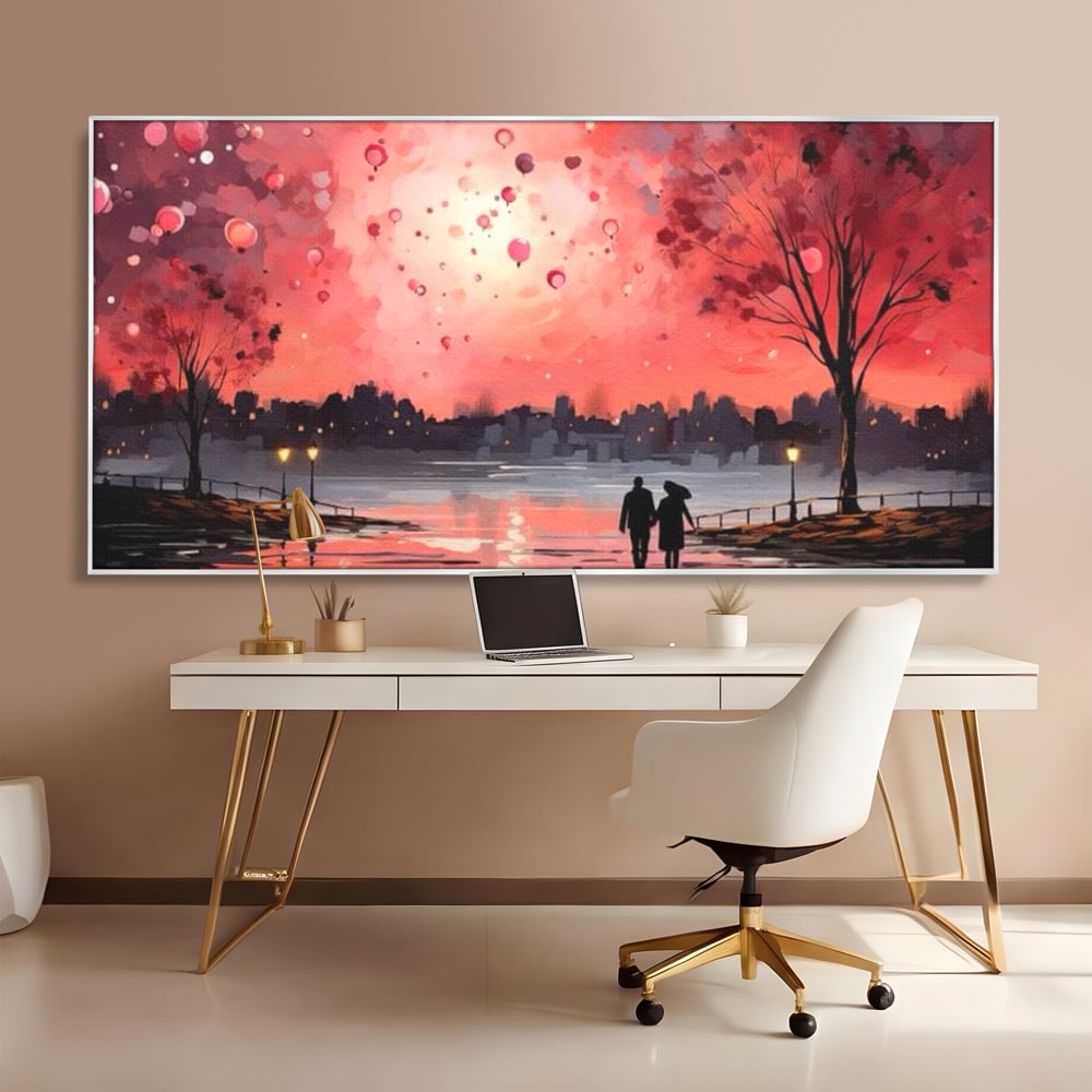 Tablou canvas cu tablou canvas cuplu pe faleza la apus rosu, in rama de aluminiu argintiu, pe perete intr-un birou